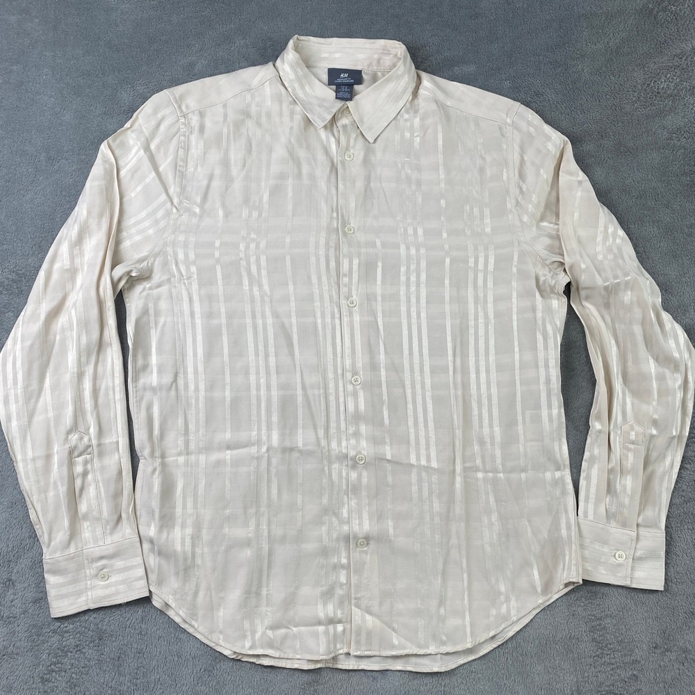 HM Shirt Mens M‎ Regular Fit Cream Tonal Satin Stripe Button Down Long Sleeve